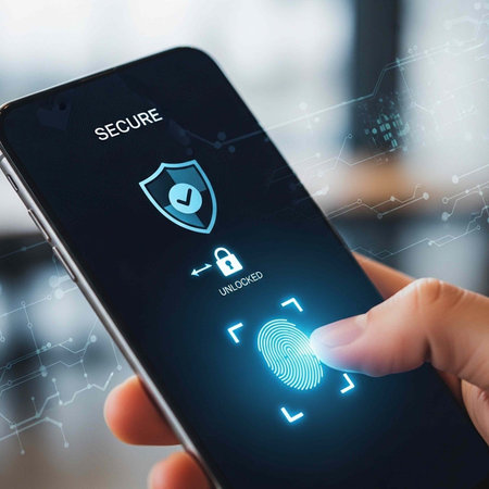 Hand holding smartphone with secure, unlocked, and fingerprint icons on display