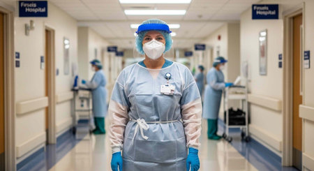 Medical professional wearing face mask, gloves, and gown in hospital hallway with others