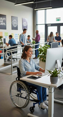 Woman in wheelchair using computer at desk in office with coworkers in background