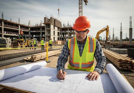 Man in hard hat and vest examining construction plans outdoors on a busy building site