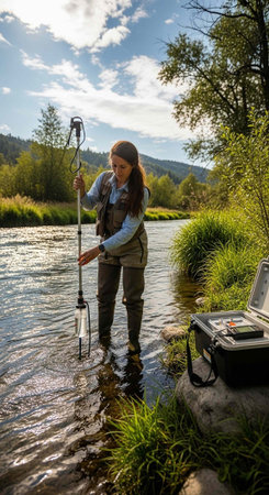 Female scientist in waders standing in shallow river water with sampling gear and case