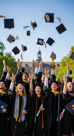 Group of young adults in black graduation gowns and caps throwing hats in the air