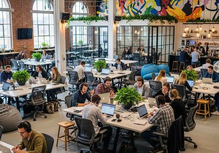 People sit at desks with laptops in a large, open office space with high ceilings and windows.