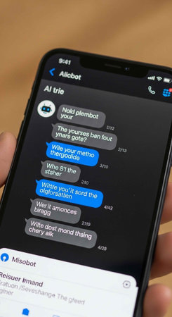 Close-up of a hand holding a phone with a chat app conversation on the screen