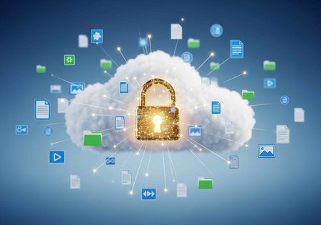 Cloud with golden lock surrounded by various file icons and connections