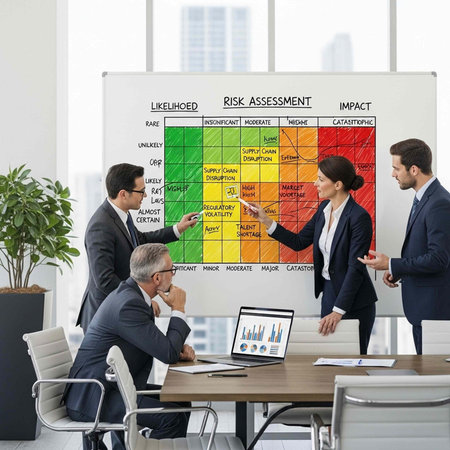 Four suited colleagues discuss a risk assessment chart on a large whiteboard in a bright office