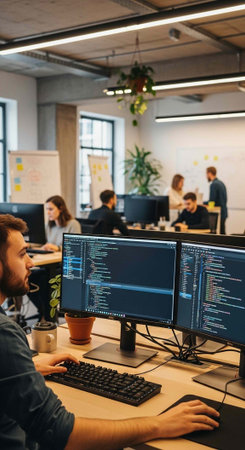 Programmers sitting at desks with dual monitors in a contemporary office setting with colleagues