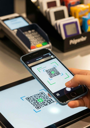Hand holding phone scanning QR code on screen for payment at store checkout with terminal