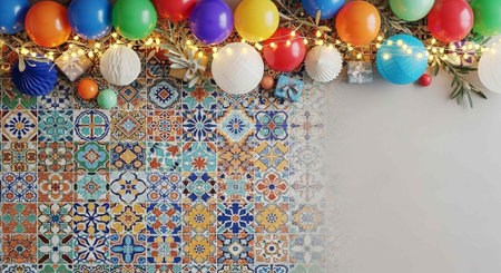 Colorful ornaments and fairy lights adorn mosaic tiles with a white wall background