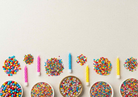 Vibrant candies, sprinkles, and birthday candles arranged on a white surface, perfect for...
