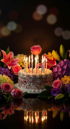 A decorated cake with lit candles surrounded by vibrant flowers on a reflective surface at night.