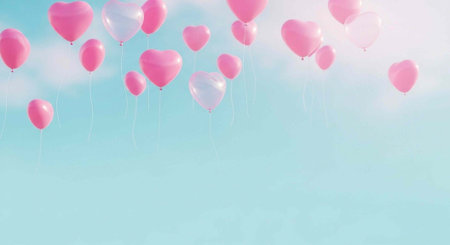 Valentine's day background with pink heart shaped balloons on blue skyの写真素材