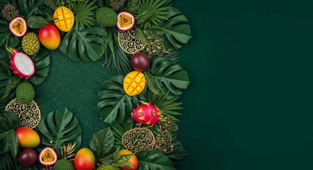 Colorful tropical fruits and leaves arranged in a circular pattern on a dark green background