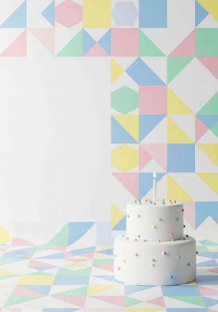 Birthday cake with candles on colorful geometric background. 3d render