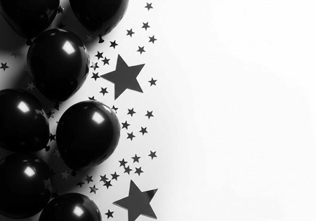 Black balloons and star decorations on a white background for festive events and celebrations