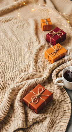 Wrapped presents and a cup of coffee on a soft beige knitted blanket with fairy lightsの写真素材