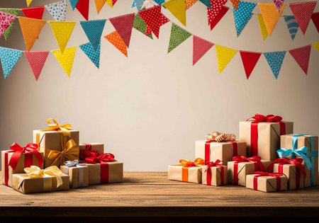 Wrapped presents with ribbons and bows under festive triangular flagsの写真素材