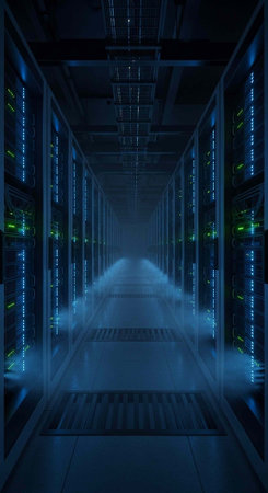 A dark and futuristic server room with rows of computer servers and blue lighting