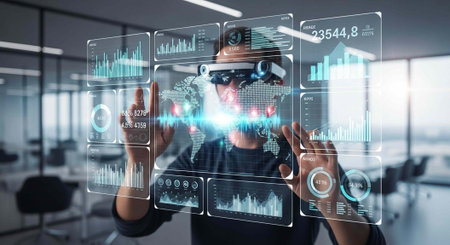A man wearing virtual reality goggles interacts with futuristic digital graphs and charts in a...