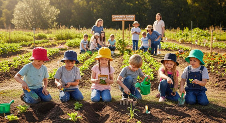 Children and adults gardening together in a sunny strawberry garden on a beautiful dayの写真素材