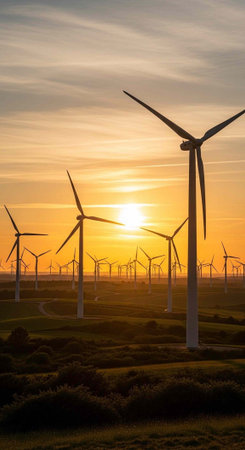 A serene landscape of wind turbines standing tall in a field at sunset, generating renewable energy.