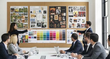 A group of business professionals in a meeting discussing marketing strategy with visual aids on a...