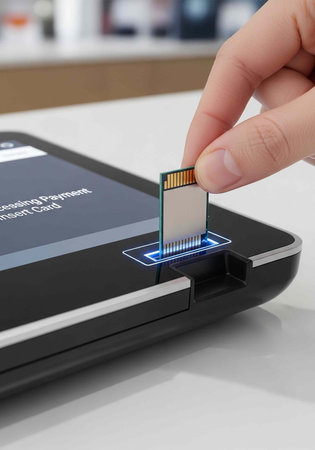 A hand inserting a microchip into a smartphone for secure mobile payment