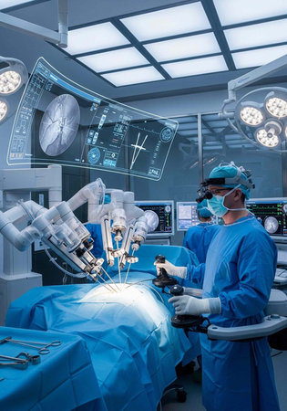 Surgeons in a modern operating room performing a robotic surgery procedure with advanced medical...