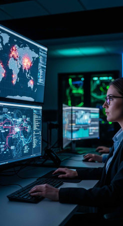 A team of cybersecurity professionals working together in a dark room with multiple computer screens...