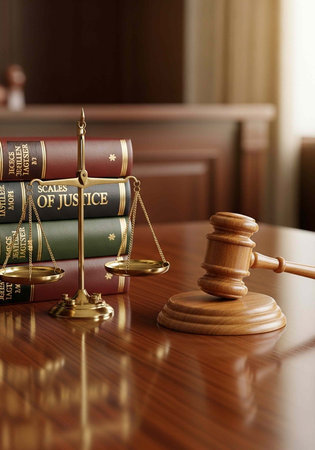 A wooden gavel and scales of justice sit on a polished desk in a courtroom with law books in the...