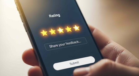 A person rating an experience on a smartphone with a five-star review
