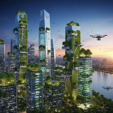 A futuristic cityscape with sustainable skyscrapers and lush greenery at sunset