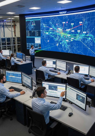 A team of professionals working together in a modern control room with a large screen displayの写真素材