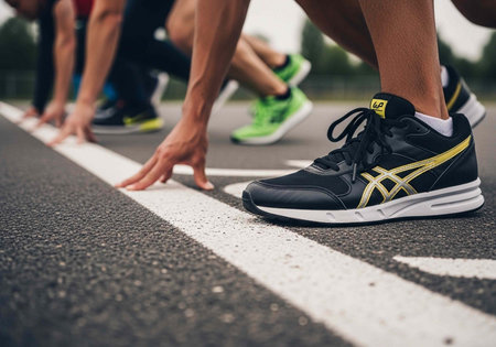 Runners at the starting line preparing for a sprint on a track
