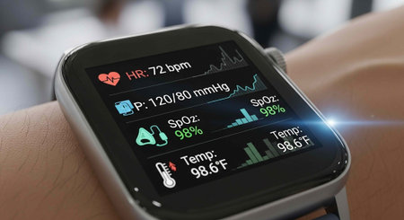 A close-up of a smartwatch displaying vital health signs on its screen
