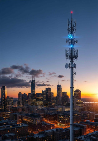 A cell tower stands tall in a bustling cityscape during a vibrant sunset