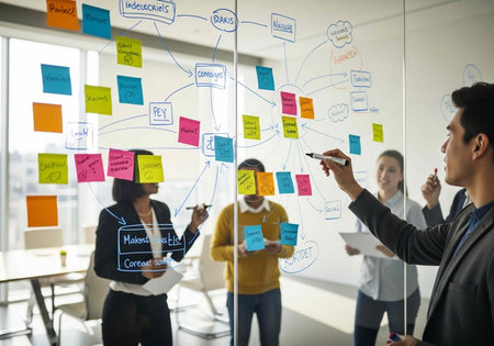 Four professionals using markers and sticky notes for planning and collaboration on a glass wall