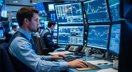 Man in blue shirt and vest working on computer with multiple screens displaying stock market graphs