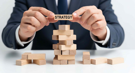 A businessman in a suit builds a tower of wooden blocks with a strategy block on top