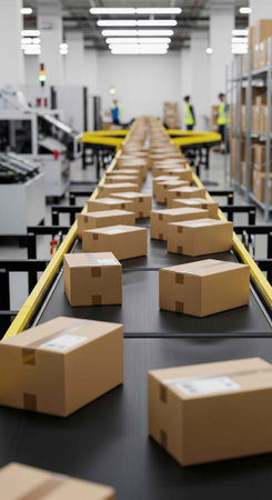 Brown cardboard boxes on a black conveyor belt with yellow rails in a warehouse setting
