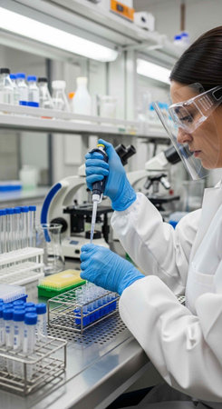 A scientist in a lab coat and protective gear working with a pipette in a laboratory setting.
