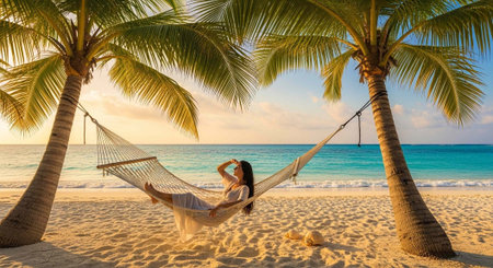 Woman in white dress lounges in hammock between two palm trees on sandy beach by ocean