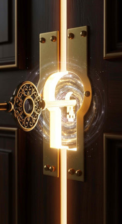 Brass door handle and keyhole on dark wooden door with warm light shining through
