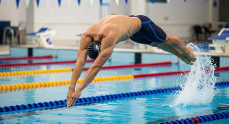 Athlete in diving position entering pool with splash and colorful lane dividers