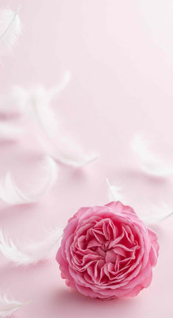 A delicate pink rose surrounded by soft white feathers on a pale pink backgroundの写真素材
