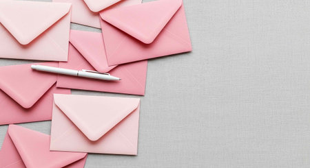 A collection of pink envelopes and a pen on a textured surface for writing letters or sending mailの写真素材