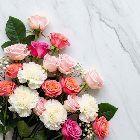 A beautiful bouquet of pink and white roses on a marble surface