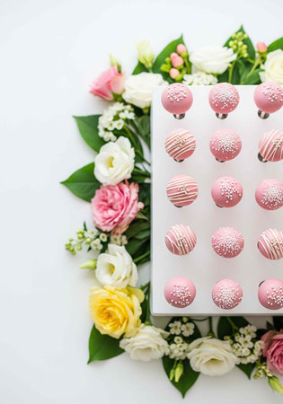 A beautifully decorated box of pink cake pops surrounded by colorful flowers on a white backgroundの写真素材