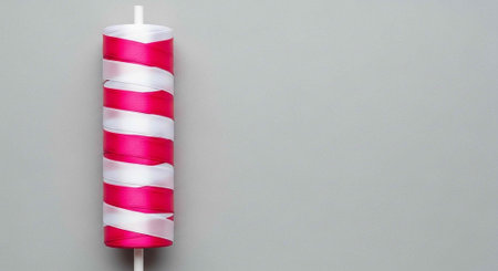 A pink and white striped candy on a stick against a gray background