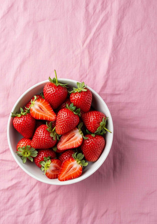 A bowl of fresh strawberries on a pink tablecloth